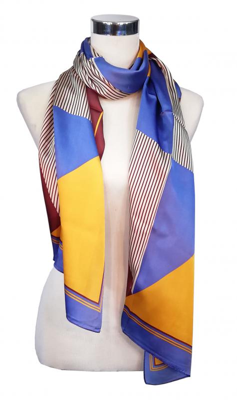 Scarf 100% Silk Satin Brown Yellow Blue Geometrical